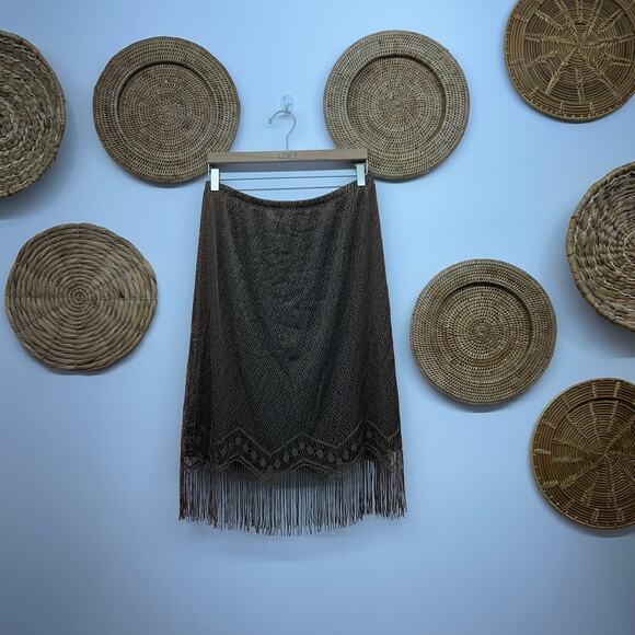 Vintage Jacques Brown Crochet Fringe Knee Length Skirt Plus Size 1X Western Boho - Picture 1 of 5